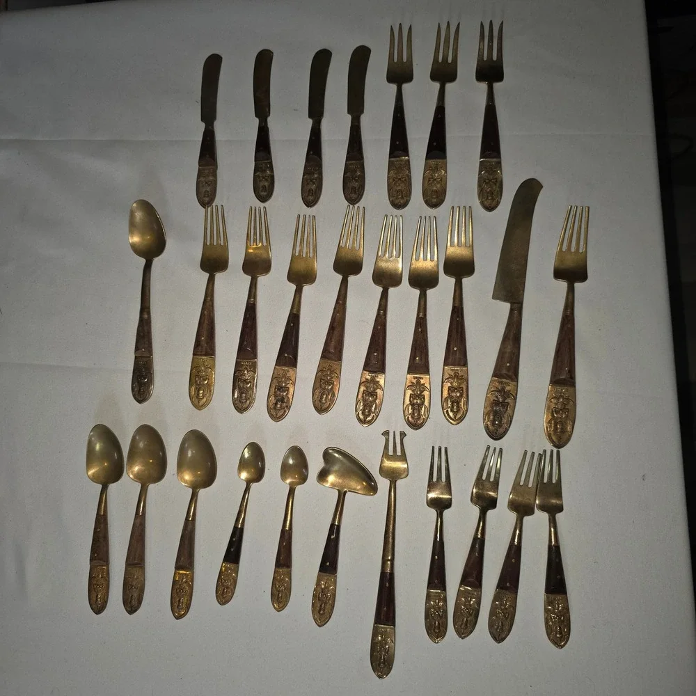 Vintage Siam Bronze Wood Flatware Set 28pc Thai Deity Brass Mid Century Modern‎